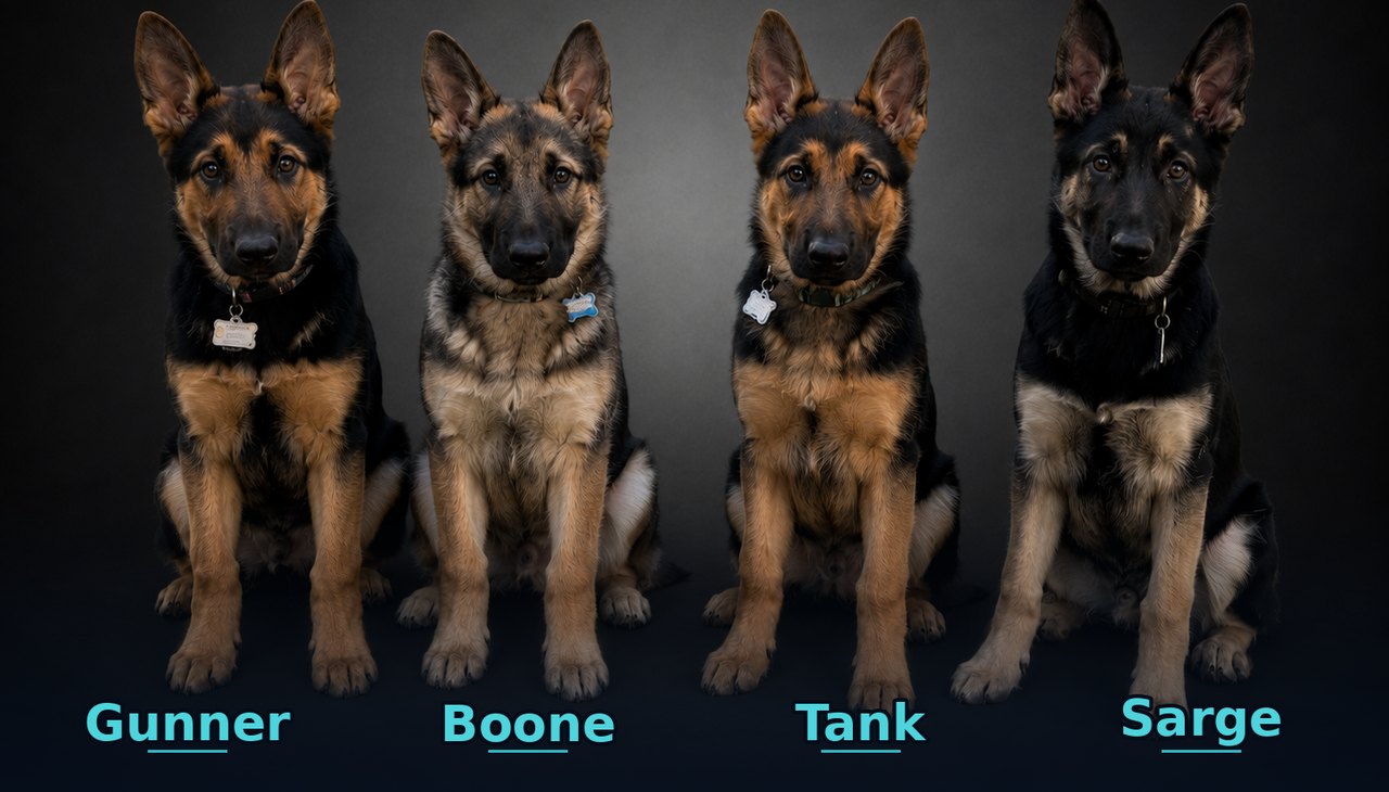 The four WebPro360 mascots, German Shepherd brothers Gunner, Boone, Tank and Sarge from the same litter