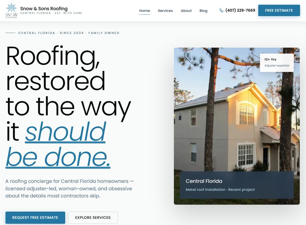 Snow and Sons Roofing website built by WebPro360