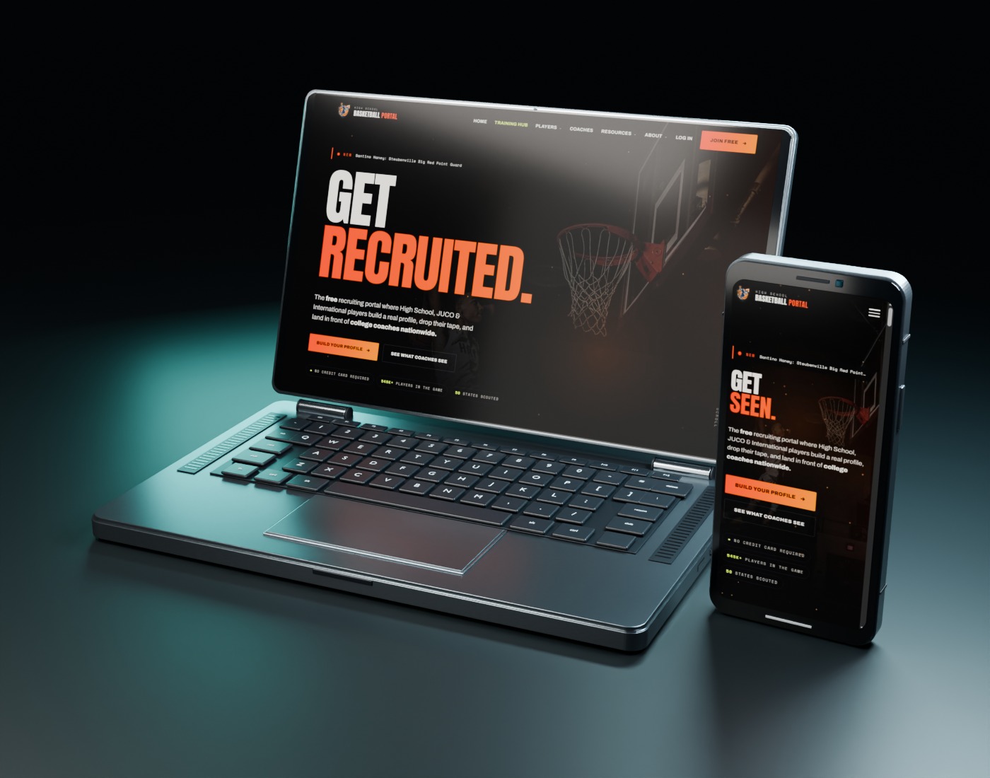 Studio-lit laptop and phone displaying the High School Basketball Portal website